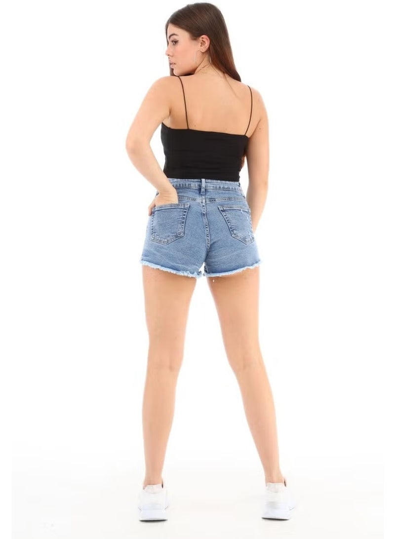 Cedy Denim شورتات جينز نسائية قصيرة بخصر عالي وأطراف ممزقة مع زخارف من الخيوط باللون الأزرق برلين C603 - Image 3